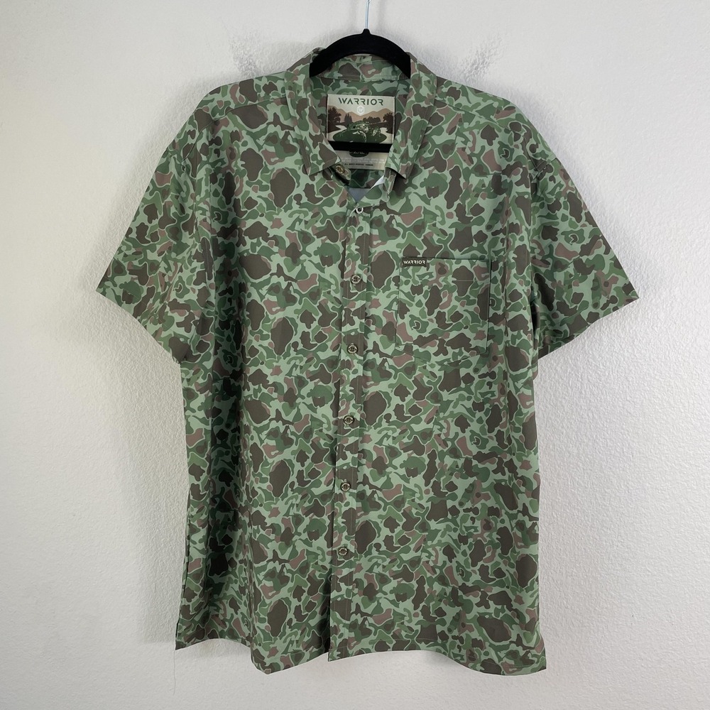 Warrior Shirt Mens 2XL Green Camo Short Sleeve Button Up Stretch Outdoor